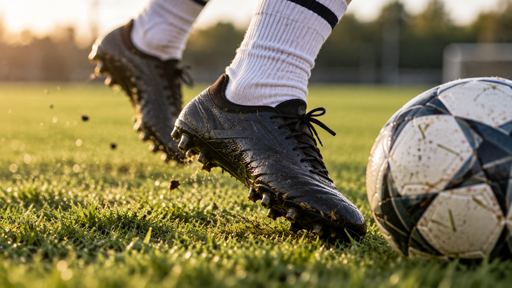 Iemand trapt tegen een bal op het voetbalveld